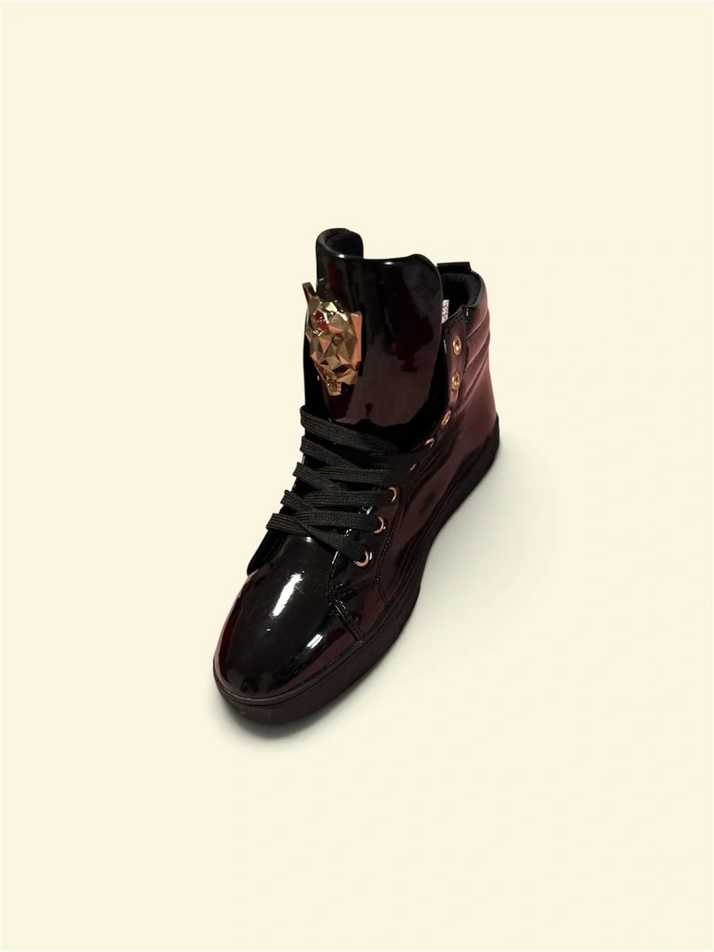 Men's High-Top Patent Sneaker with Gold Medallion - Black/Burgundy